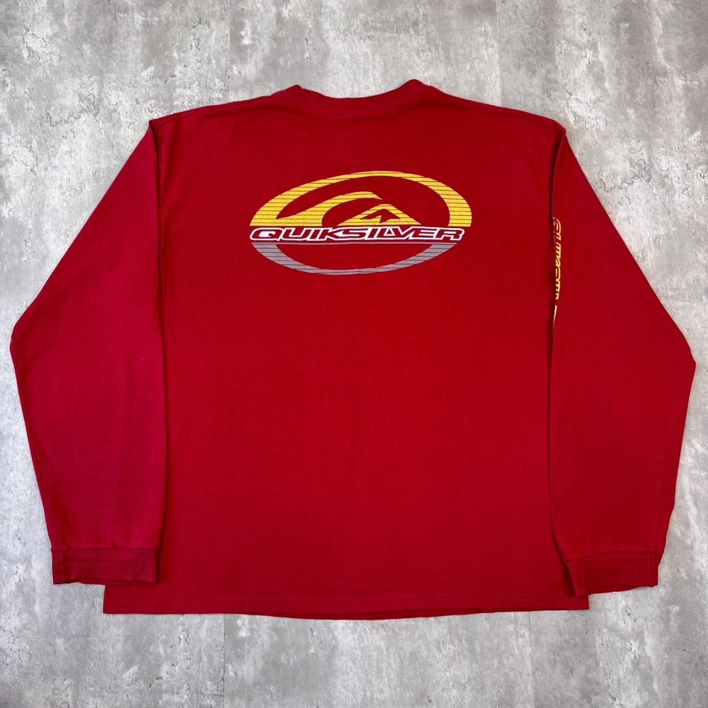 Vintage Quiksilver T-Shirt Mens XL Red Long Sleeve Surf Graphic Big Back Logo